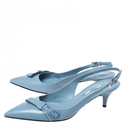 Pre Owned Prada Blue Leather Pointed Toe Bow Slingback Sandals Size 38.5