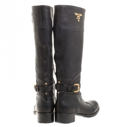 Pre Owned Prada Black Leather Buckle Mid Calf Boots Size 36