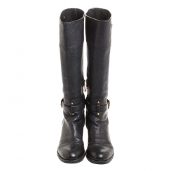 Pre Owned Prada Black Leather Buckle Mid Calf Boots Size 36