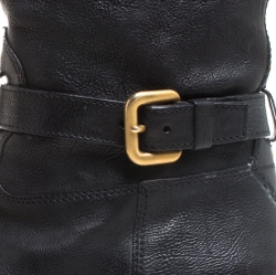 Pre Owned Prada Black Leather Buckle Mid Calf Boots Size 36