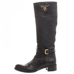 Pre Owned Prada Black Leather Buckle Mid Calf Boots Size 36