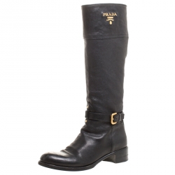 Pre Owned Prada Black Leather Buckle Mid Calf Boots Size 36