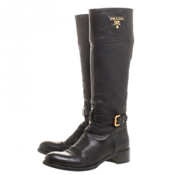 Pre Owned Prada Black Leather Buckle Mid Calf Boots Size 36