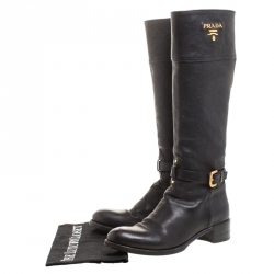 Pre Owned Prada Black Leather Buckle Mid Calf Boots Size 36