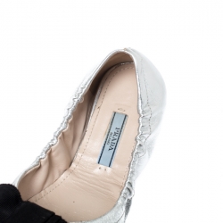 Prada Sport Metallic Silver Leather Grosgrain Bow Detail Scrunch Ballet Flat Size 36.5