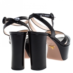 Pre Owned Prada Black Patent Leather Ankle Strap Block Heel Platform Sandals Size 40