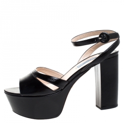Pre Owned Prada Black Patent Leather Ankle Strap Block Heel Platform Sandals Size 40