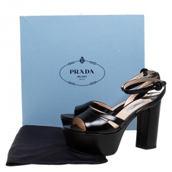 Pre Owned Prada Black Patent Leather Ankle Strap Block Heel Platform Sandals Size 40