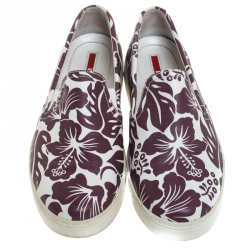 Pre Owned Prada White/Purple Floral Printed Leather Linea Rossa Slip On Sneakers Size 38.5