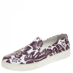 Pre Owned Prada White/Purple Floral Printed Leather Linea Rossa Slip On Sneakers Size 38.5