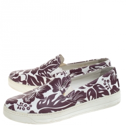 Pre Owned Prada White/Purple Floral Printed Leather Linea Rossa Slip On Sneakers Size 38.5
