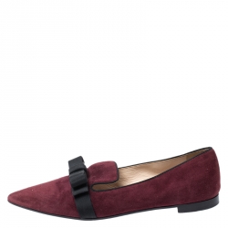 Pre Owned Prada Burgundy Suede Bow Pointed Toe Loafers Size 40
