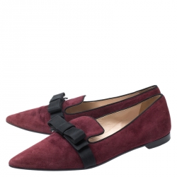 Pre Owned Prada Burgundy Suede Bow Pointed Toe Loafers Size 40