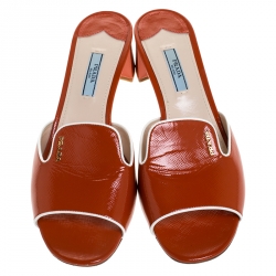 Pre Owned Prada Orange Saffiano Patent Leather Block Heel Slides Size 40
