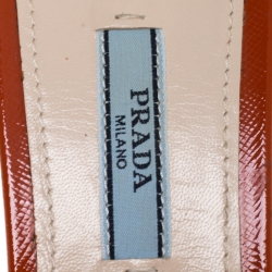 Pre Owned Prada Orange Saffiano Patent Leather Block Heel Slides Size 40