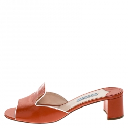 Pre Owned Prada Orange Saffiano Patent Leather Block Heel Slides Size 40