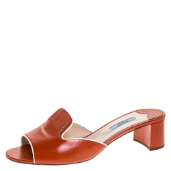 Pre Owned Prada Orange Saffiano Patent Leather Block Heel Slides Size 40