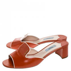 Pre Owned Prada Orange Saffiano Patent Leather Block Heel Slides Size 40