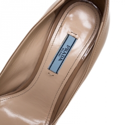 Pre Owned Prada Nude Beige Patent Leather Bow Peep Toe Wedge Pumps Size 37.5