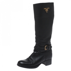 Pre Owned Prada Black Leather Mid Calf Boots Size 38.5