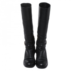 Pre Owned Prada Black Leather Mid Calf Boots Size 38.5