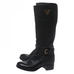 Pre Owned Prada Black Leather Mid Calf Boots Size 38.5