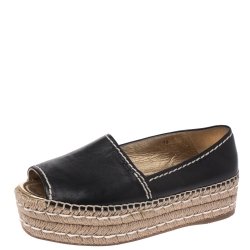 Pre Owned Prada Black Leather Open Toe Platform Espadrilles Size 38