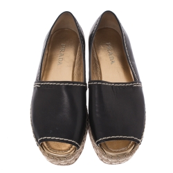 Pre Owned Prada Black Leather Open Toe Platform Espadrilles Size 38