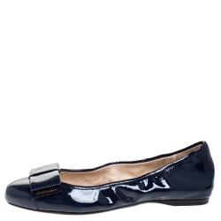 Pre Owned Prada Navy Blue Patent Leather Bow Ballet Flats Size 38.5