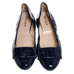 Pre Owned Prada Navy Blue Patent Leather Bow Ballet Flats Size 38.5