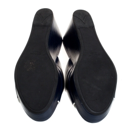 Pre Owned Prada Navy Blue Patent Leather Peep Toe Platform Wedge Slides Size 37.5