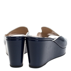 Pre Owned Prada Navy Blue Patent Leather Peep Toe Platform Wedge Slides Size 37.5