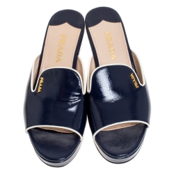 Pre Owned Prada Navy Blue Patent Leather Peep Toe Platform Wedge Slides Size 37.5