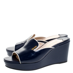 Pre Owned Prada Navy Blue Patent Leather Peep Toe Platform Wedge Slides Size 37.5