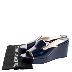 Pre Owned Prada Navy Blue Patent Leather Peep Toe Platform Wedge Slides Size 37.5