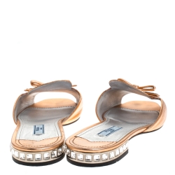 Pre Owned Prada Metallic Bronze Leather Studded Bow Open Toe Flat Slides Size 37