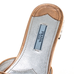 Pre Owned Prada Metallic Bronze Leather Studded Bow Open Toe Flat Slides Size 37
