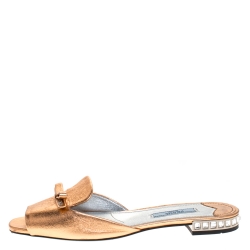 Pre Owned Prada Metallic Bronze Leather Studded Bow Open Toe Flat Slides Size 37