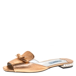Pre Owned Prada Metallic Bronze Leather Studded Bow Open Toe Flat Slides Size 37