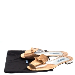 Pre Owned Prada Metallic Bronze Leather Studded Bow Open Toe Flat Slides Size 37