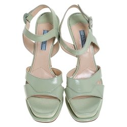 Pre Owned Prada Green Patent Leather Platform Ankle Strap Sandals Size 39