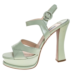 Pre Owned Prada Green Patent Leather Platform Ankle Strap Sandals Size 39