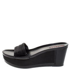 Prada Sport Black Canvas and Leather Wedge Slides Size 38.5