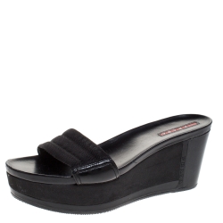 Prada Sport Black Canvas and Leather Wedge Slides Size 38.5