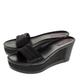 Prada Sport Black Canvas and Leather Wedge Slides Size 38.5