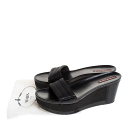 Prada Sport Black Canvas and Leather Wedge Slides Size 38.5