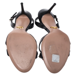 Pre Owned Prada Black Leather Crystal Embellished Flower Ankle Strap Sandals Size 39.5