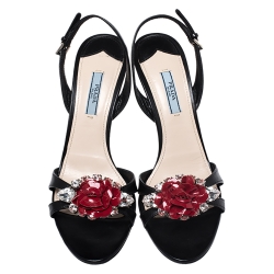 Pre Owned Prada Black Leather Crystal Embellished Flower Ankle Strap Sandals Size 39.5