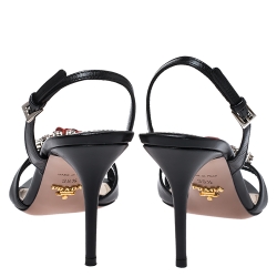 Pre Owned Prada Black Leather Crystal Embellished Flower Ankle Strap Sandals Size 39.5