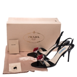 Pre Owned Prada Black Leather Crystal Embellished Flower Ankle Strap Sandals Size 39.5